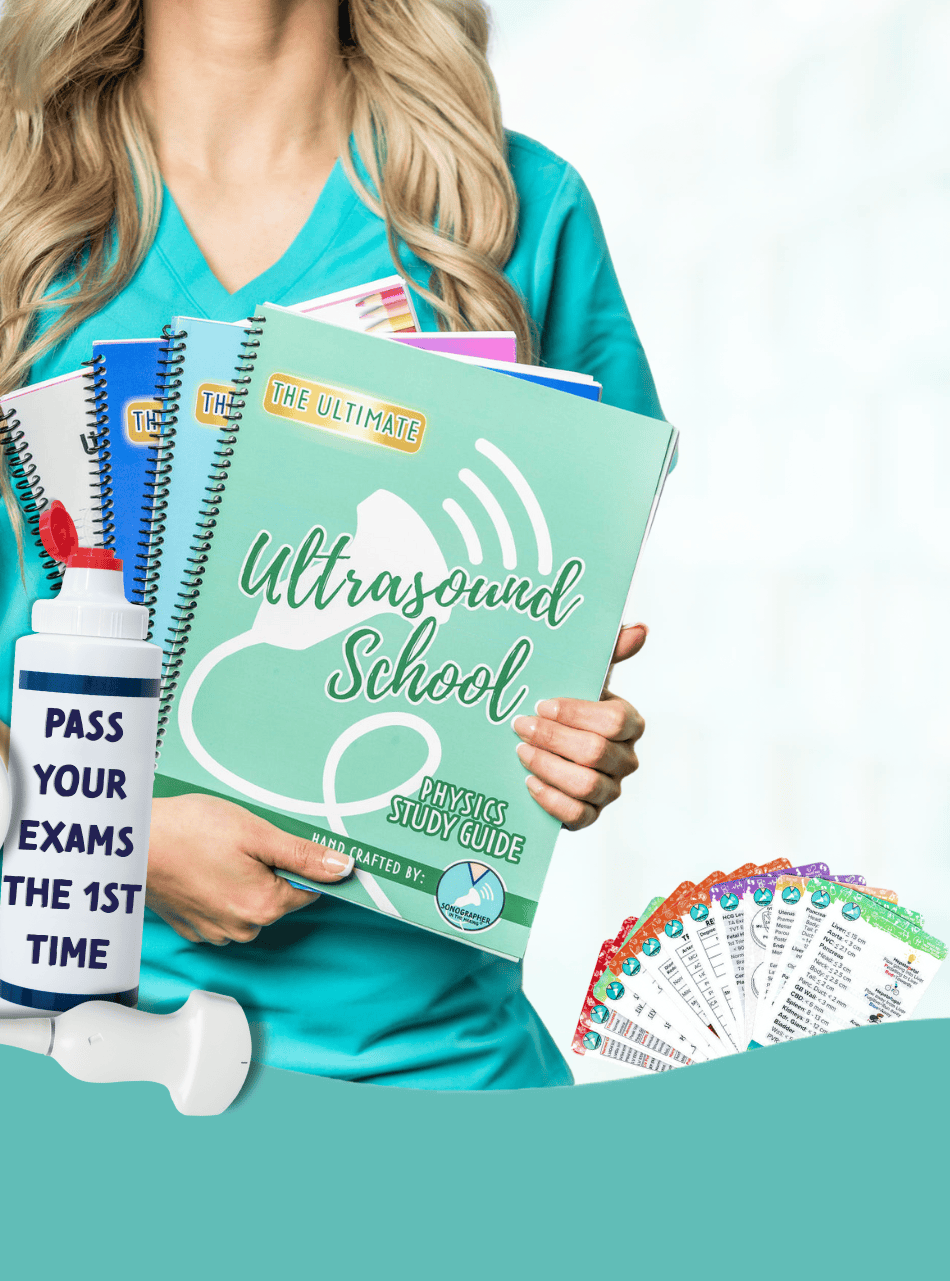 Sonography student holding ultrasound study materials