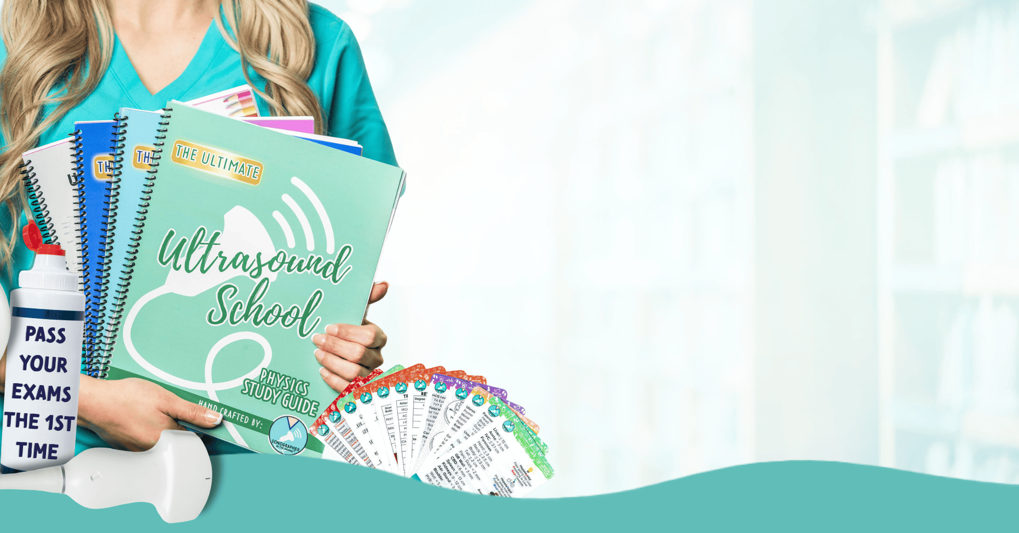 Sonographer holding spiral-bound study guides